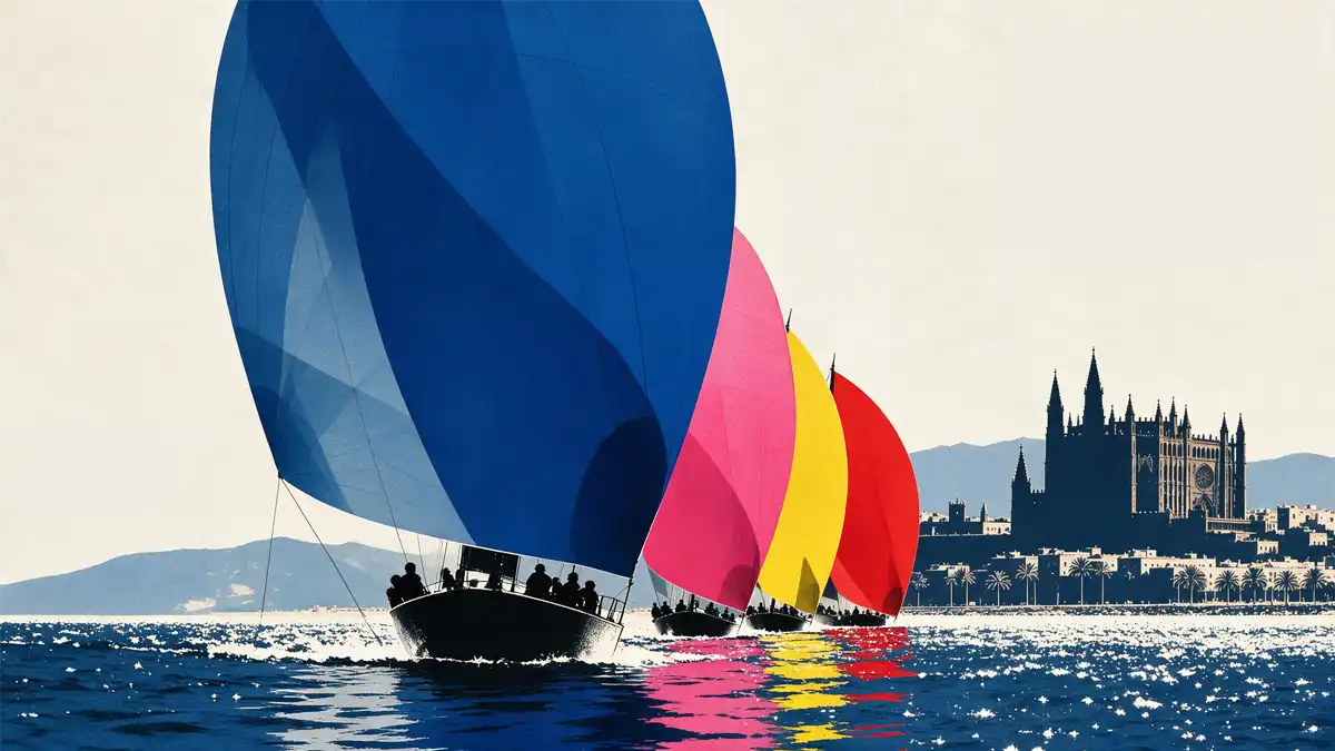 Copa del Rey MAPFRE: Mallorcas große Woche des Segelsports beginnt Regattaflotte mit bunten Spinnakern auf der Bucht von Palma, im Hintergrund die Silhouette der Kathedrale La Seu.